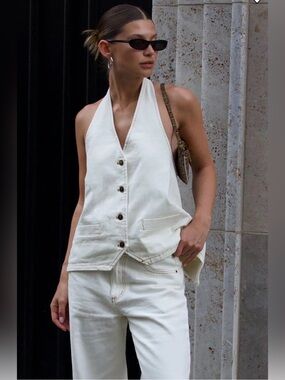 Ivory Halter Button-Front Vest & jeans